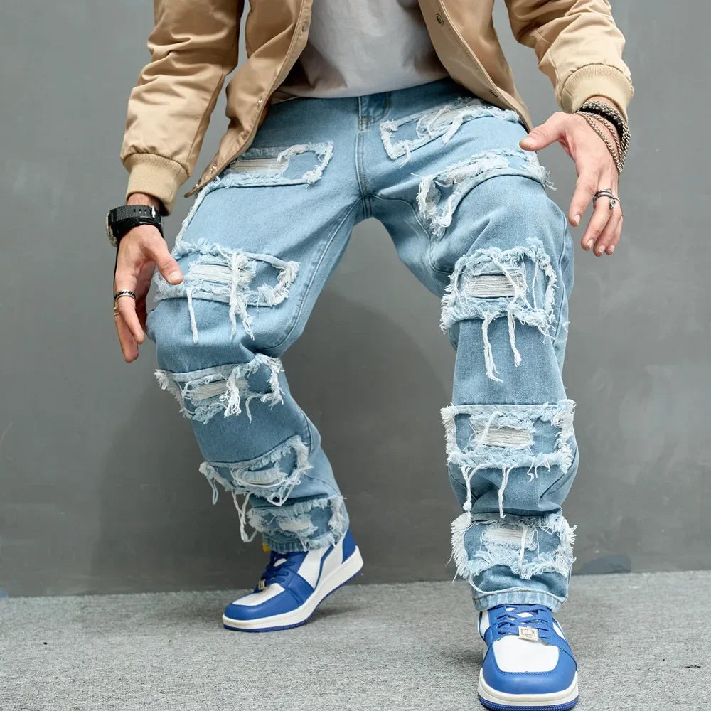 

Autumn Stylish Men Ripped Patch Spliced Hip Hop Jeans Streetwear Loose Male Straight Denim Pants Trousers