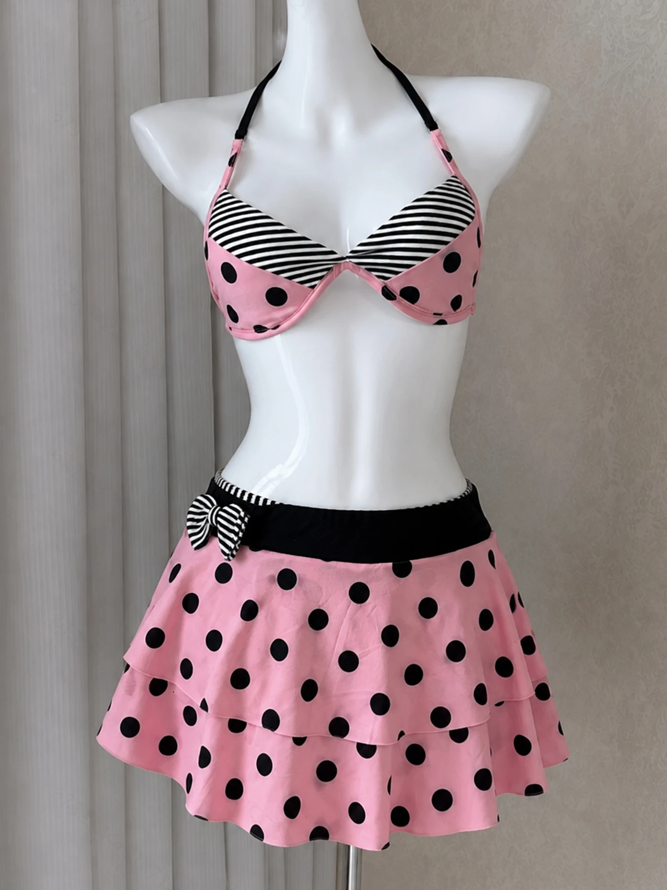 Women 3 Piece Polka Dot Swimsuit Trendy Halter Wrap Bikini Top With Ruffle Skirt Bottom Cute Bow Beach Bathing Suit Swimwear Set