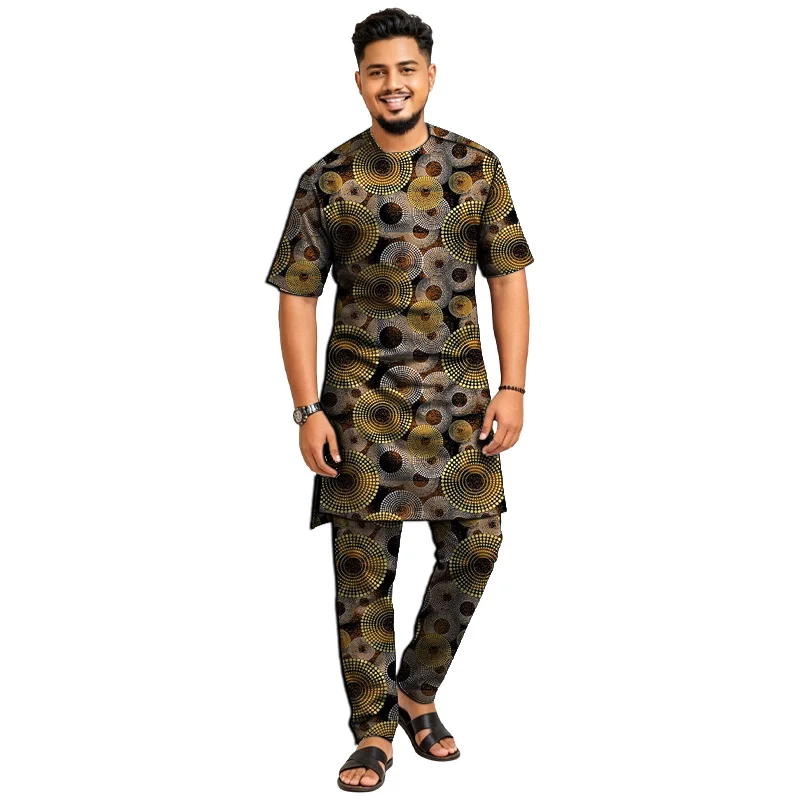 Tailor Made Short Sleeve Men's Set Collarless Top With Trousers Male Pant Suit Custom African Print Dance Attire Party Wear