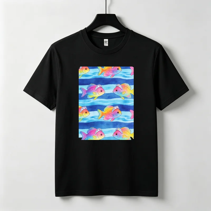 Watercolor Gradient Tropical Fish Seamless Pattern Graphic T Shirt Sea Stripes Background Breathable Cotton Seaside Sleeve Top
