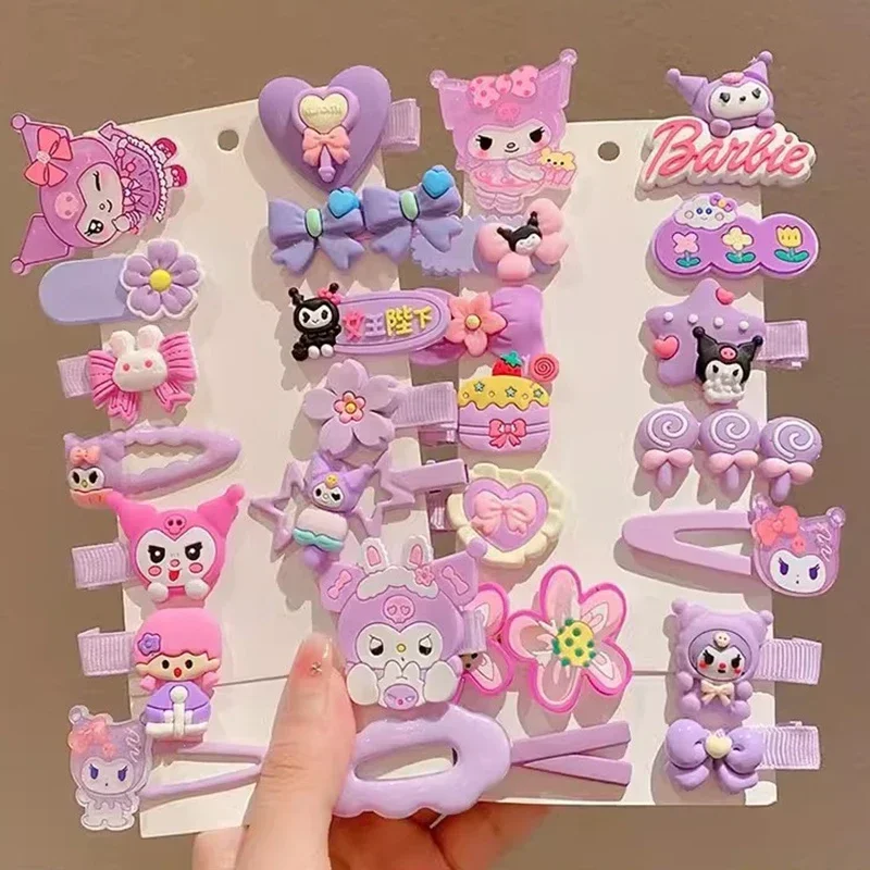 14pcs Sanrio Kuromi 여자를위한 귀여운 헤어 클립 모자를 쓰고 있죠 애니메이션 만화 패션 머리핀 헤어 액세서리 어린이 생일 크리스마스 선물
