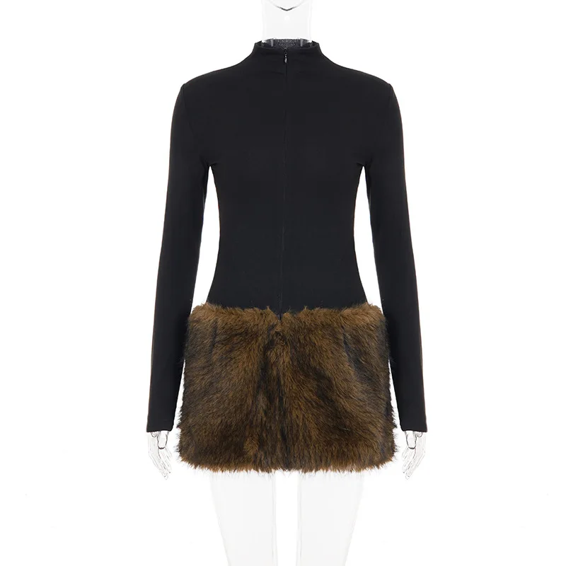 Chic Faux Fur Patchwork Mini Dress Lady Sexy High Collar Full Sleeve Waist Cinching Slim Short Gowns Women Evening Party Dresses