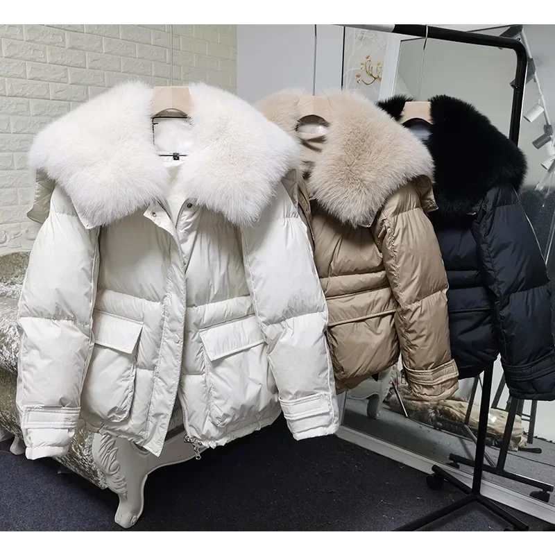 2024 Maomaokong loose Real Fox Fur Collar White Duck Down Jacket Women Winter Luxury Puffer Coat Oversize Feather Outwear