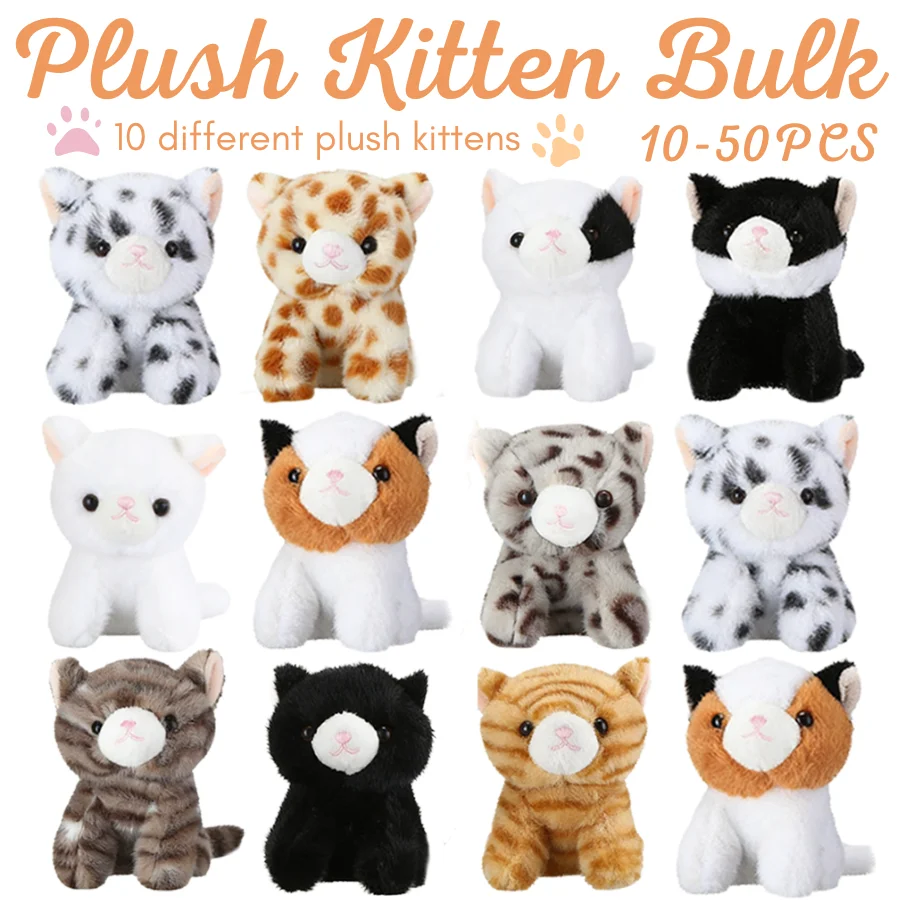 10-50Pcs Adopt A Cat Party Favors Cat Plush Kitten Stuffed Animals Bulk for Birthday Party Gifts（10 Types）