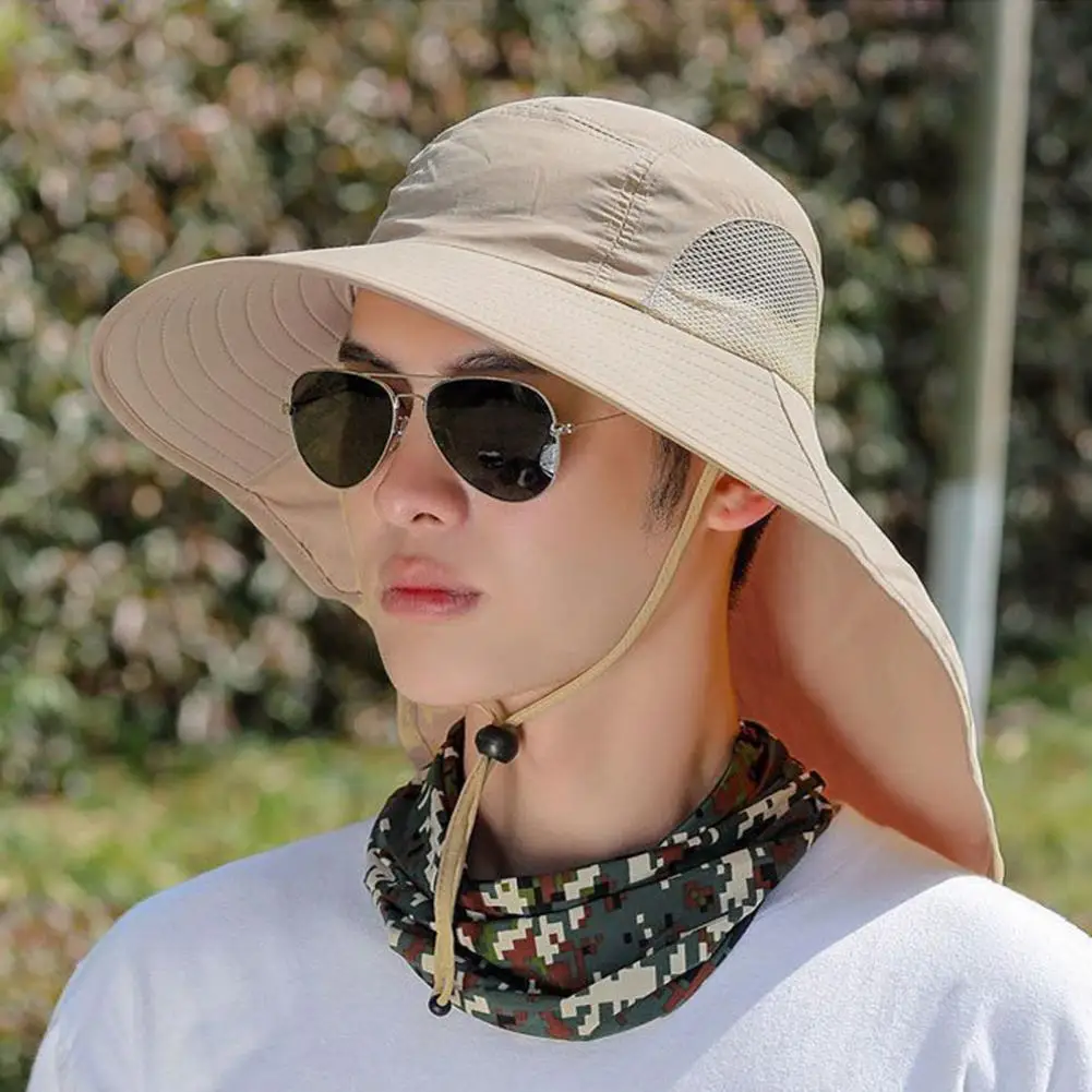 Unisex Sun Hat Neck Protection Hollow Mesh Windproof Fixed Strap Anti-UV Foldable Sunscreen Breathable Fishing Outdoor Cap