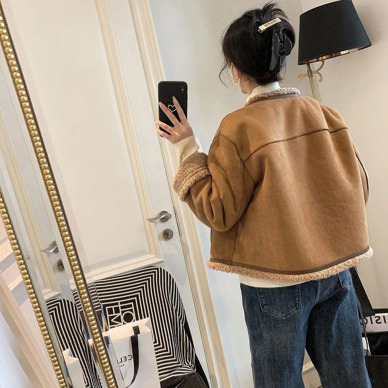 2023 Winter Lambswool Bomber Jacket For Women Suede Fabric BF Wind Fur One Coat with Zipper Thick Warm Cropped Biker Jackets