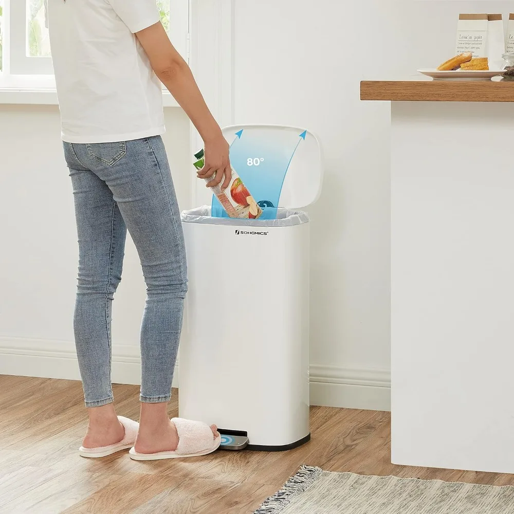 سلة المهملات مع غطاء، سلة قمامة 8 أو 13 جالون، سلة نفايات من الفولاذ المقاوم للصدأ مع دواسة خطوة ودلو داخلي، إغلاق ناعم