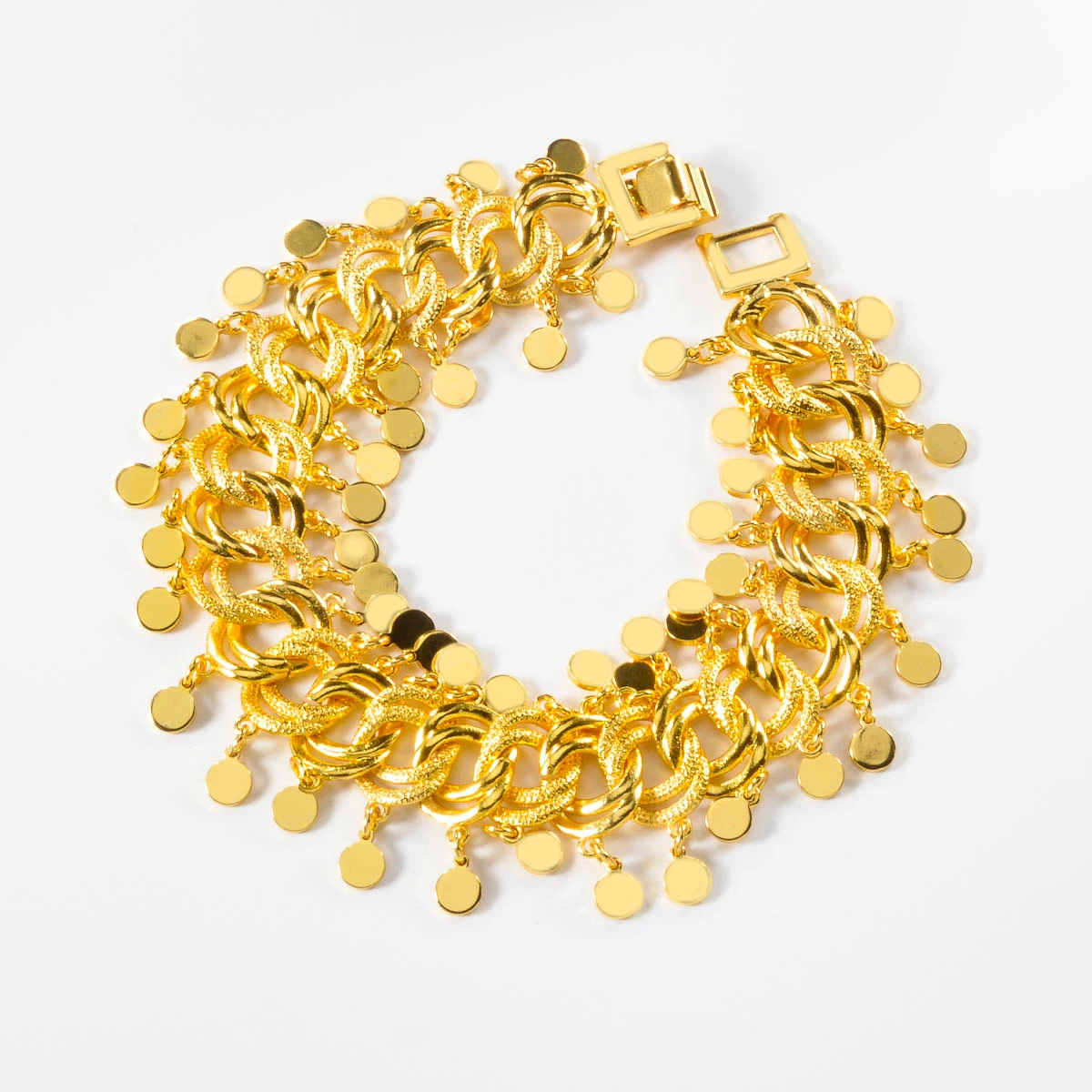 Gold Plated Woven Chain Tassel Disc Bracelet Women Bohemian Hand Chain for Beach Holiday Daily Party Stackable Ornament Jewelry