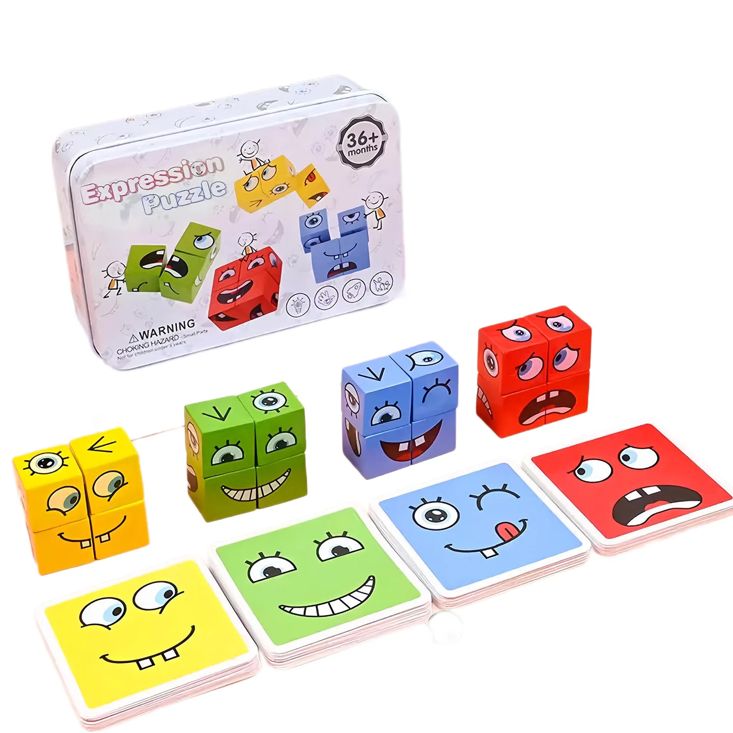 Cube Face Change Building Blocks Board Game Wood Puzzle Expression Wooden Blocks for Adult Party Toys Gift