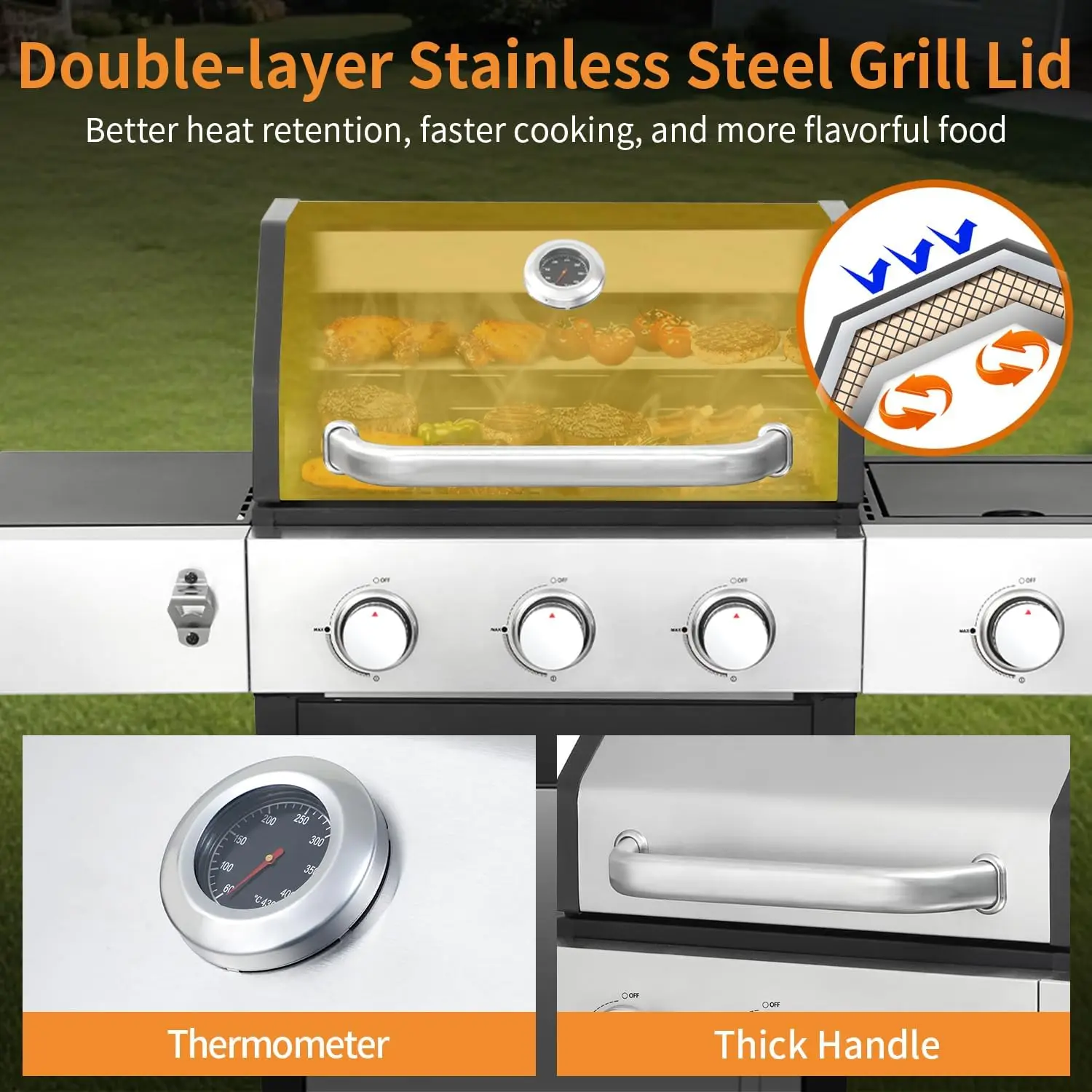 3 Burner Propane Gas Grill, 39,000 BTU Outdoor BBQ Grill with Side Burner and Cast Iron Grates, Cabinet Style Storage Gas Barbec