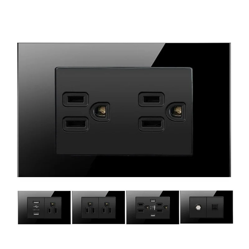 

118 Type Black Crystal Glass Electrical Wall Sockets USB Sockets US Standard