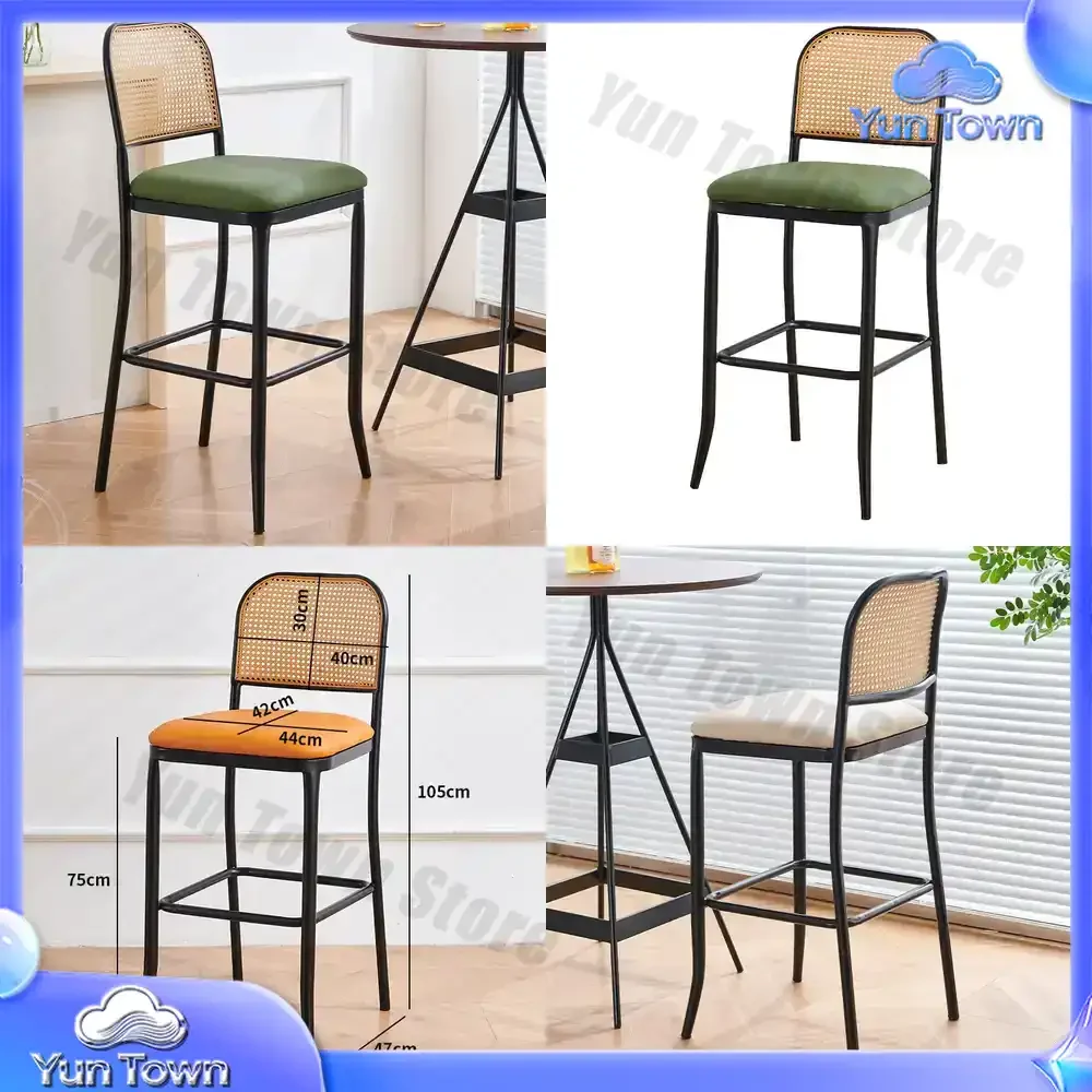 Nordic Modern Style Bar Chair Customizable Iron And Rattan Back High Stool For Dining For Milk Tea Shop Light Luxury Style