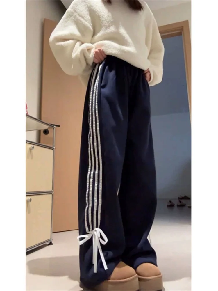 

QWEEK Y2K Fleece Sweatpants Women Korean Fashion Ribbon Bow Brushed Pants Oversized Winter Harajuku Striped Jogger Trousers