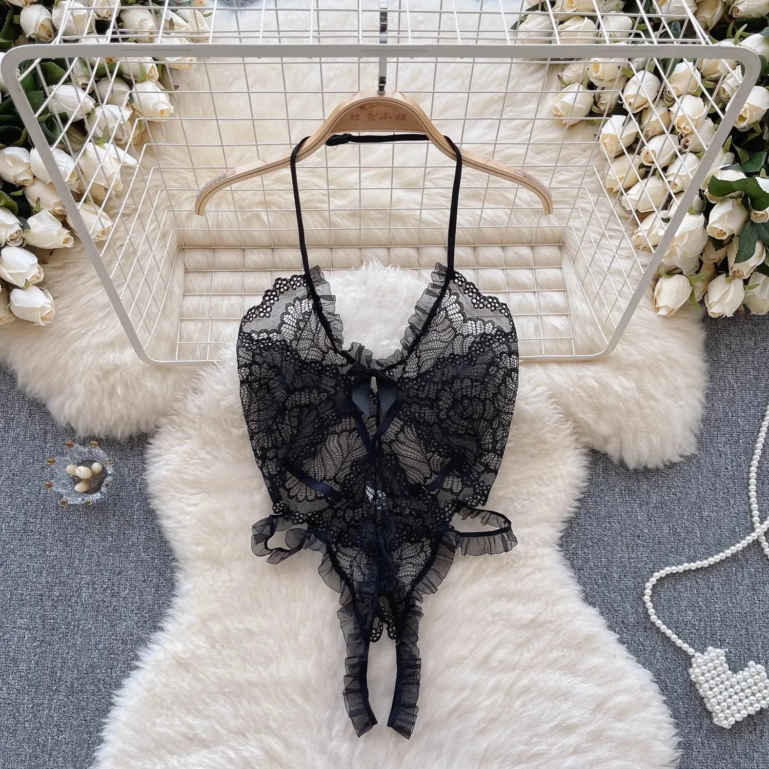 

See-through Lace Playsuit Halter Ruffle Hollow Bodysuit For Women Cloth Skinny Sexy Erotic Lingerie One Piece Backless Jumpsuit