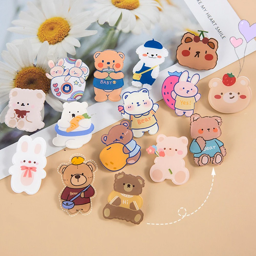 13pcs Cartoon Badge Acrylic Brooch Cute Bear And Bunny Pendant Pin Jewelry Suitable for Clothing School Bag Pencil Case Pendant