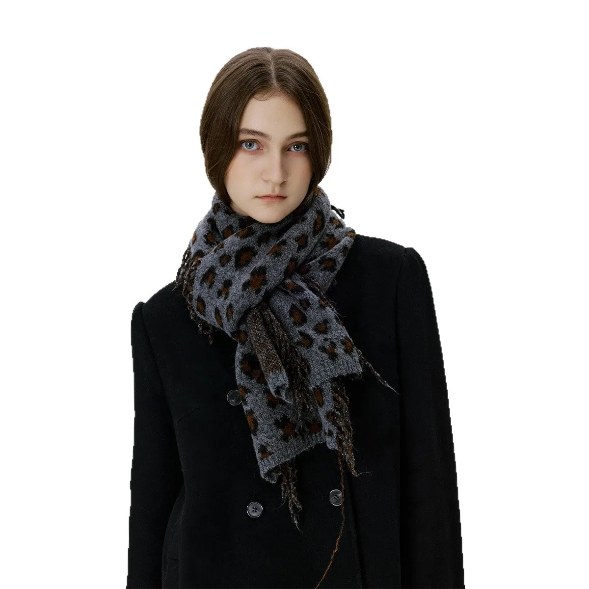 

Trendy Retro Leopard Print Knitted Woolen Scarf, Thickened Shawl for Women in Winter, Tassel Warm Scarf