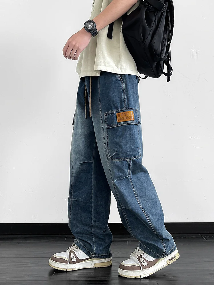 

Men's Cargo Jeans with 5 Pockets Spring Summer All-Day Wide Leg Straight Baggy Jeans Brushed Warm Denim Pants Asian Size L-6XL
