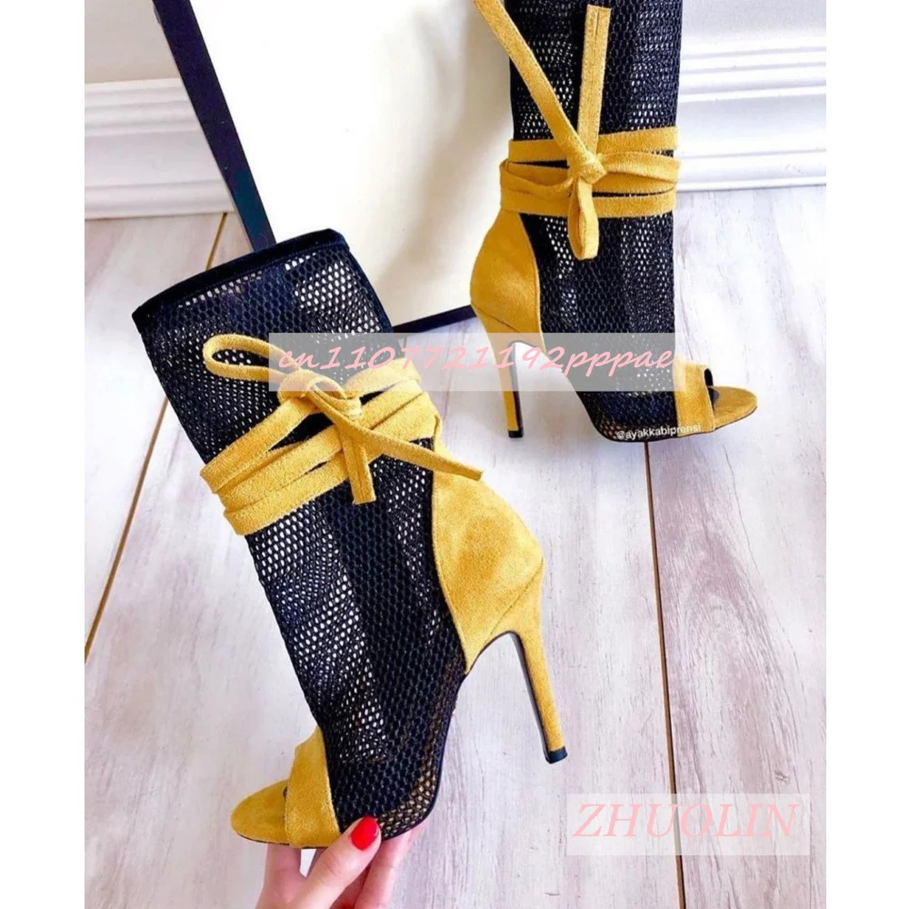 

Mixed Colors Mesh Open Toed Sandals Boots Women'S Pointed Stiletto High Heels Side Zipper High Heels Party Large Lace Shoes 46