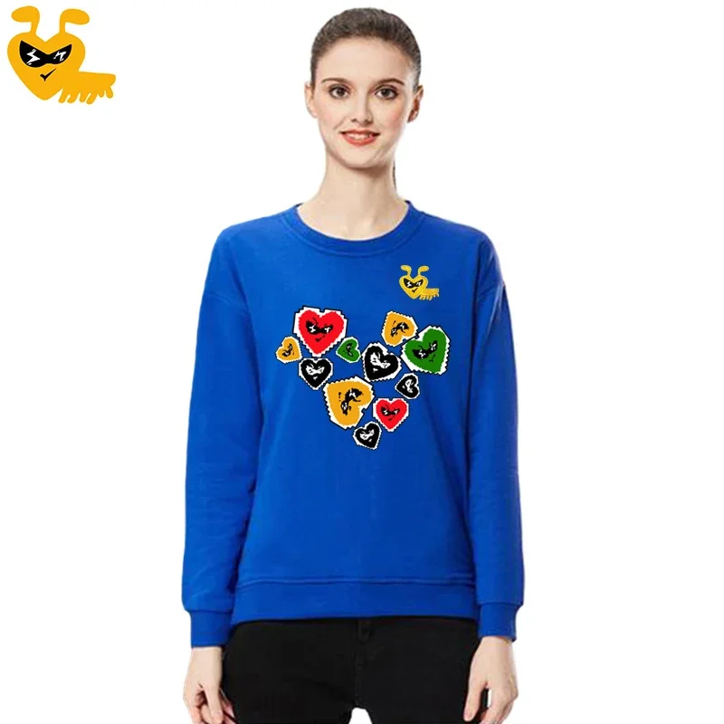 Brechen Ei Frauen Pullover Baumwolle Cartoon Nette Ant Stickerei Bunte Liebe Gedruckt Wolle Rundhals Lose Beiläufige Herbst Pullover