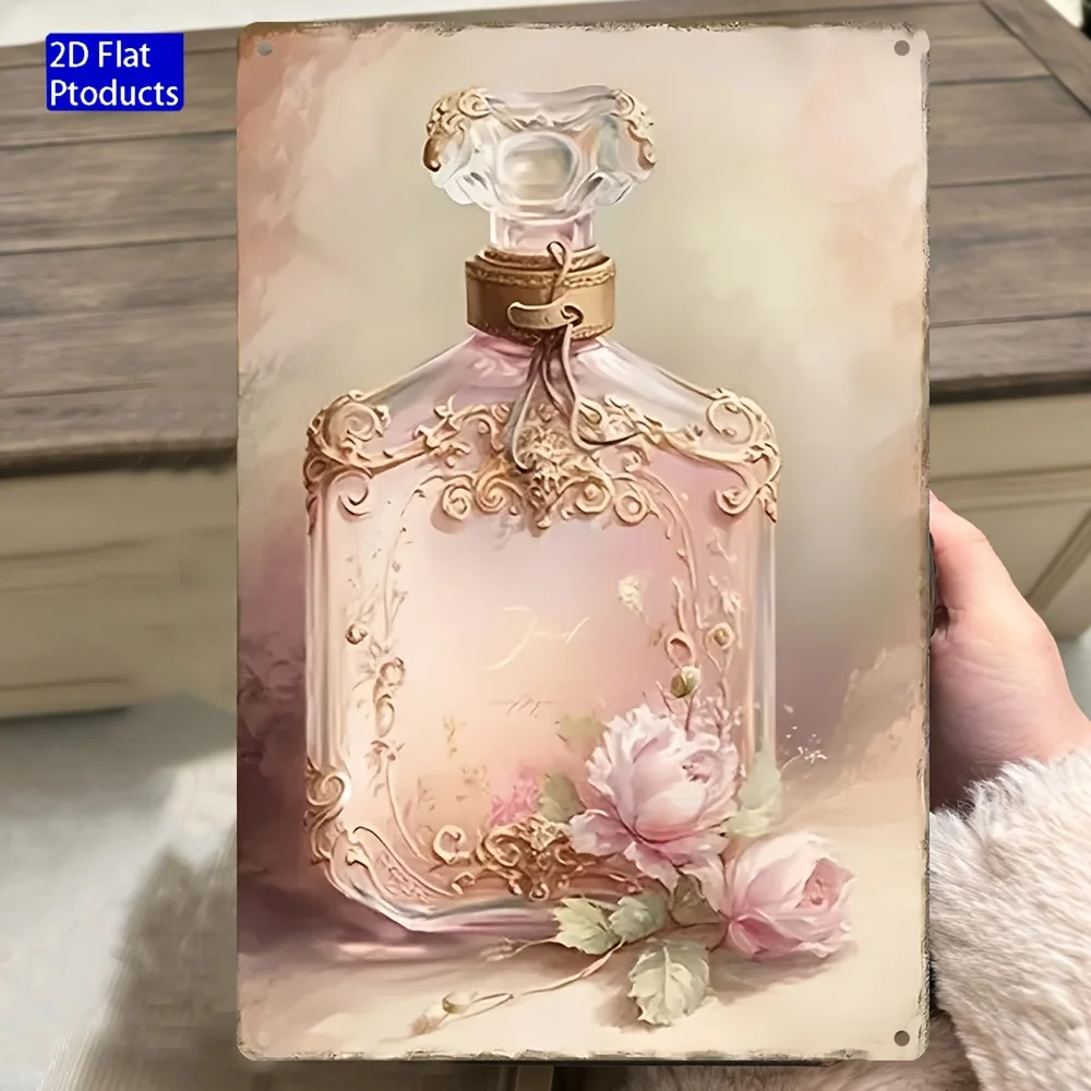 1 Piece Elegant Vintage Aluminum Perfume Bottle Sign - Pink and Gold Floral Design | Waterproof and Dustproof Metal Art