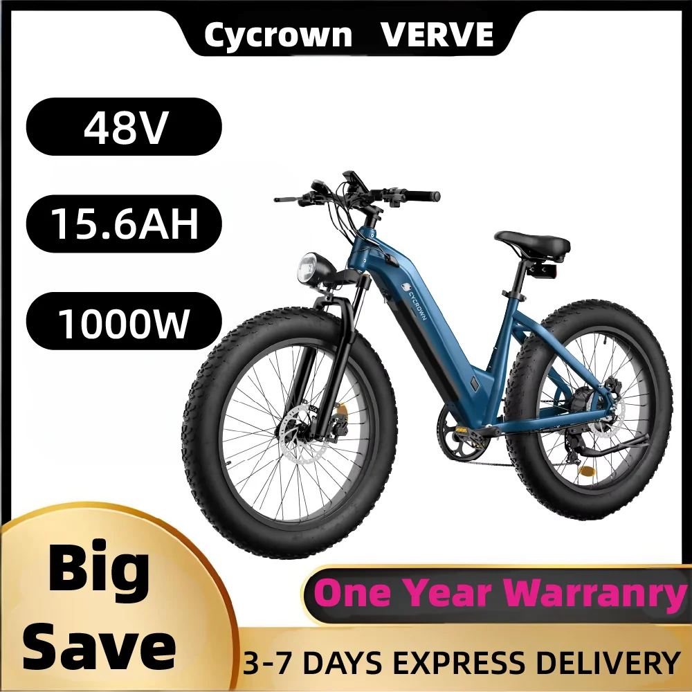 

Cycrown VERVE adult E-bike 1000W city ebike 48V 15.6Ah electric bicycle, 26-inch fat tire E-Mountain bike
