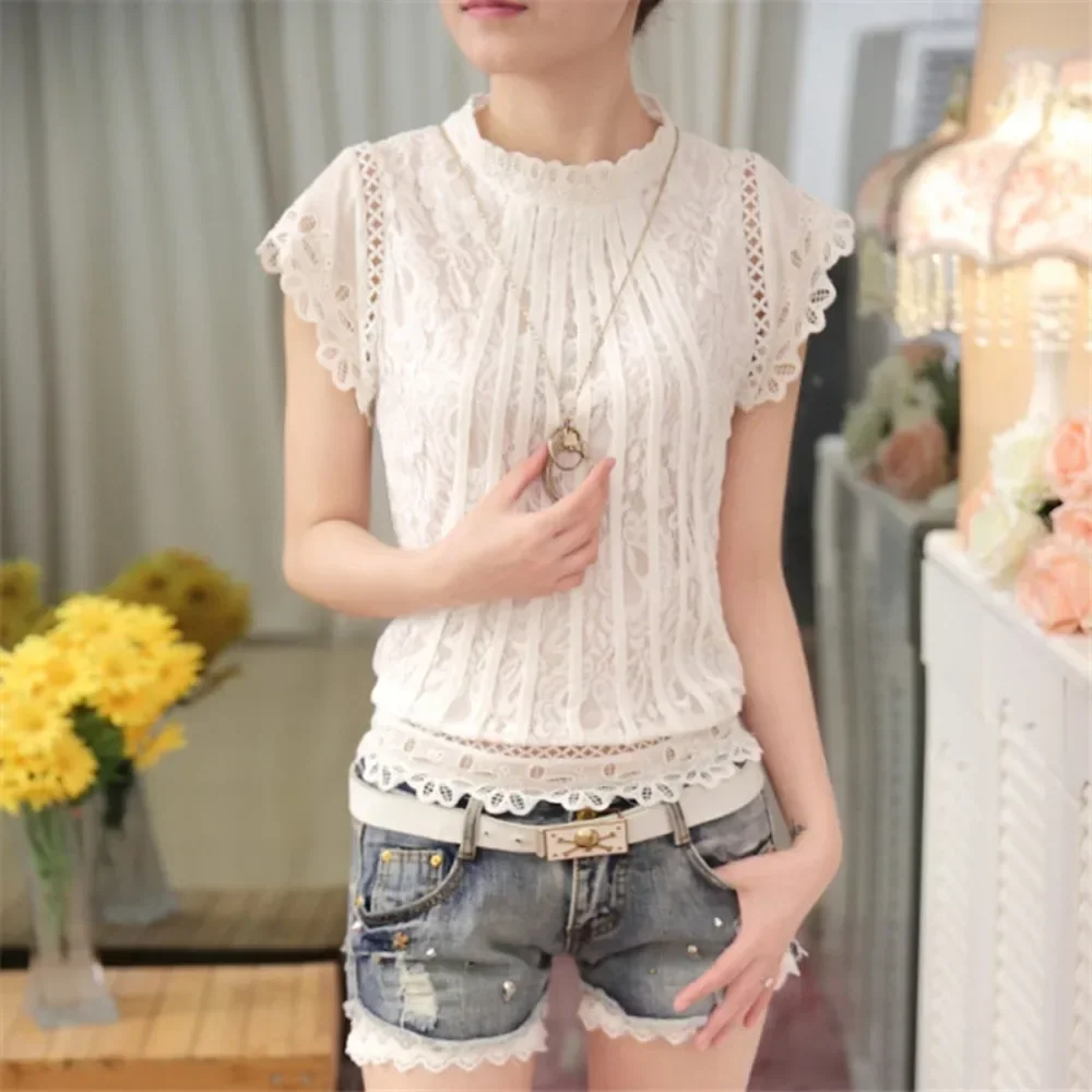 Women Round Neck Short Sleeve Lace Top Elegant Breathable Soft Flattering Daily Casual Office Comfy Spring Summer Fall