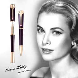 Lanlan Grace Kelly Dark Purple MB Rollerball Ballpoint Pen With Teardrop Shape Diamond Stone Clip Writing Smooth Great Actress