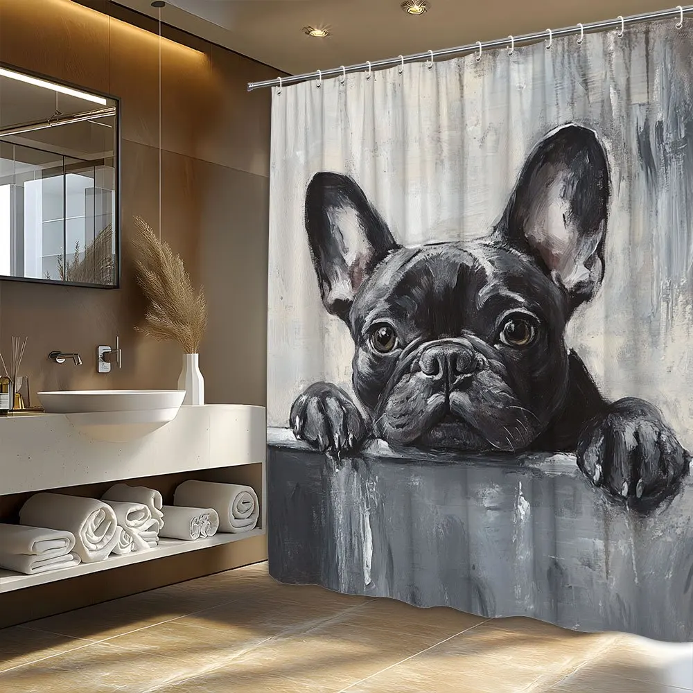 Cortina de chuveiro de buldogue francês preto com uma pintura a óleo realista com olhos grandes e orelhas perky