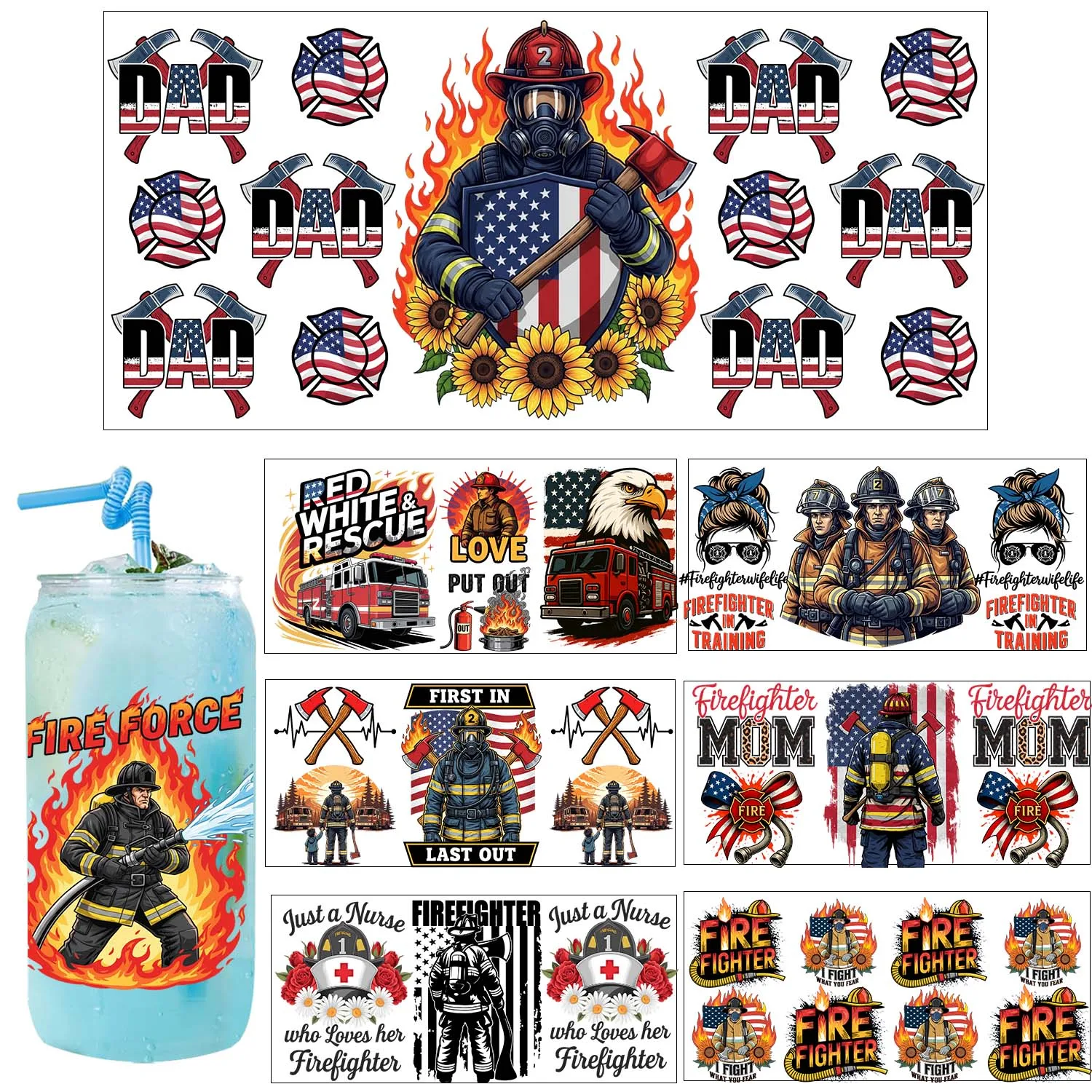 Firefighter Hero Theme UV Sticker DIY Decals 3D transfers uvdtf tumbler seal stickers 16oz uv dtf cup wraps