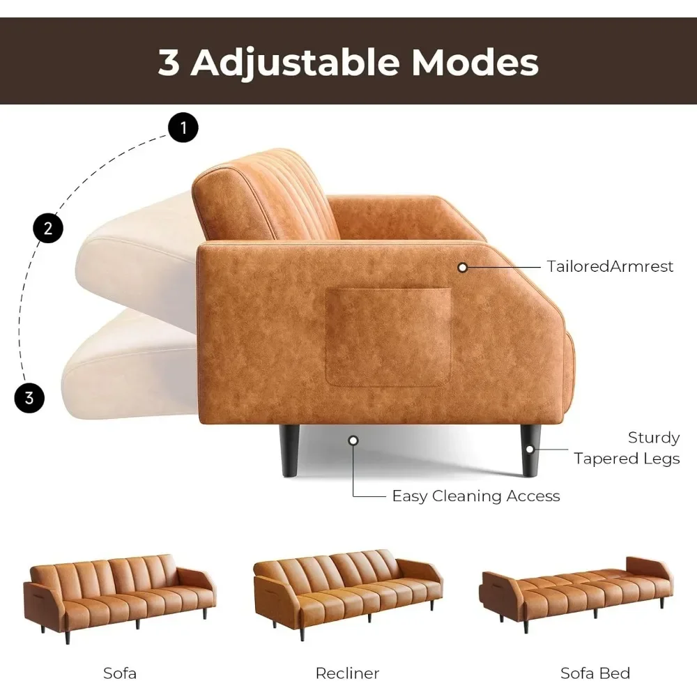 78인치 푸톤 소파 침대, 2인용 인조 가죽 푸톤 슬리퍼 소파 (조절 가능한 등받이 포함)
