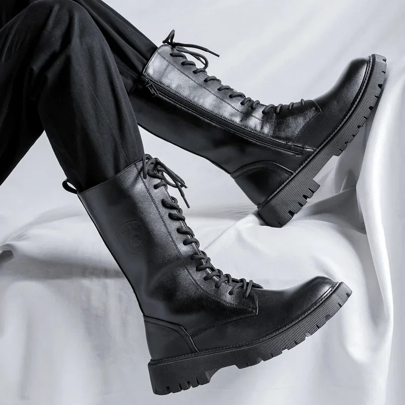 

Мужские высокие ботинки из натуральной кожи, повседневные ботинки для верховой езды в британском стиле, модные мотоциклетные ботинки, рабочая обувь на молнии на толстой подошве