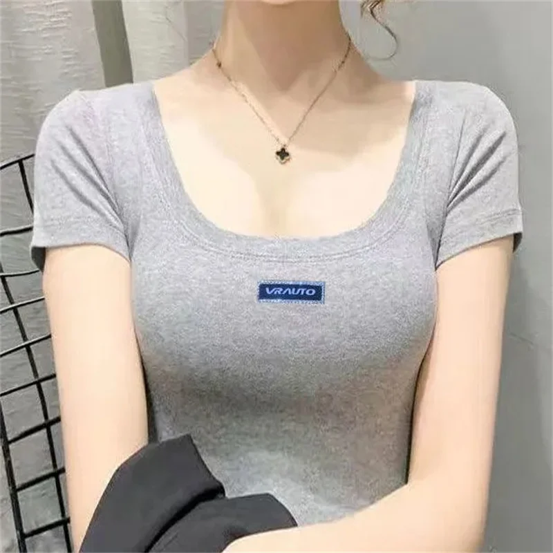 

European Diamond U-neck Women's Short-sleeved T-shirt base Shirt Summer Fashion Temperament Low Collar Inside Wear Tight Top