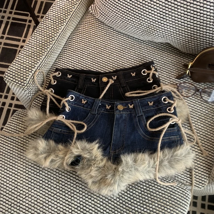 Women Dark Blue Fleece Patchwork Mini Denim Shorts Y2K Gyaru Vintage Hot Cowboy Pants Low Rise A-line Micro Jeans Shorts Summer