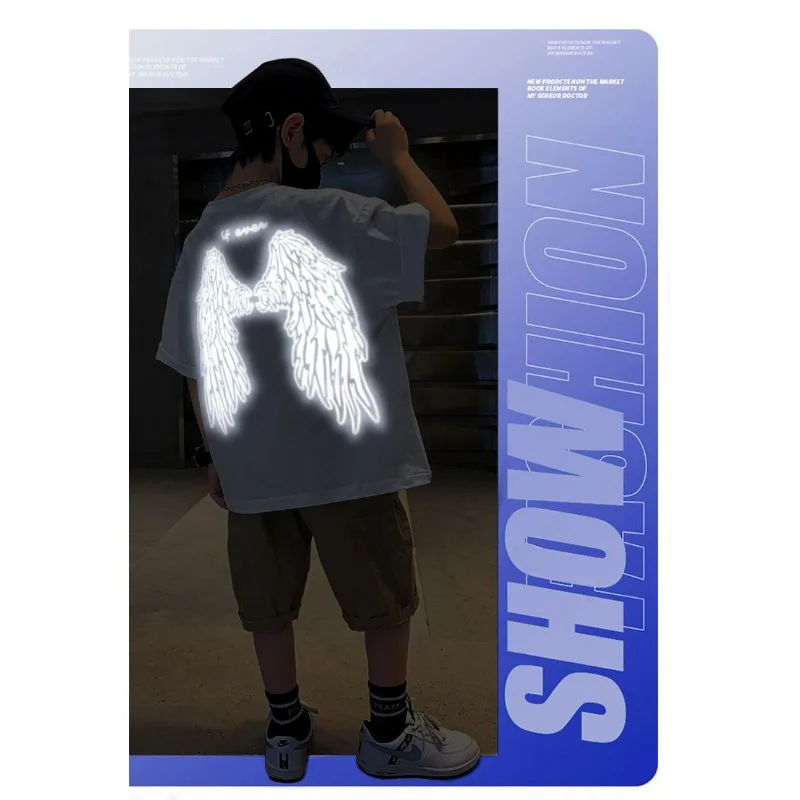 الشباب أجنحة عاكسة تي شيرت القطن قصير الأكمام المحملة فضفاضة تناسب الصيف أعلى المراهقين بنين بنات ملابس الشارع الشهير ملابس عصرية