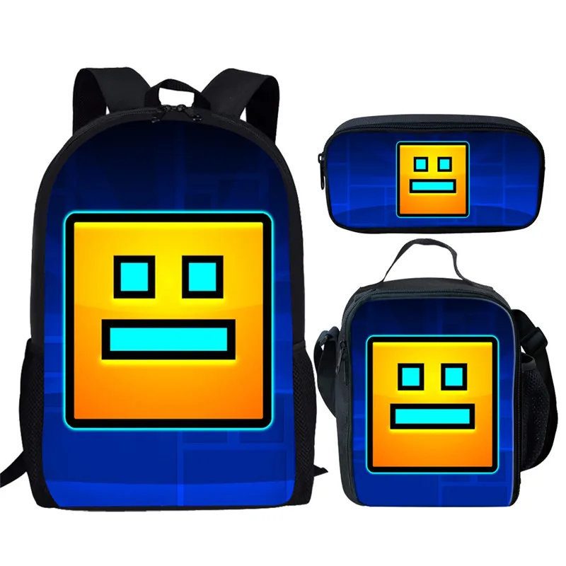 Cartoon Geometrie Dash Print 3 Stück Schult asche Set für Teenager Mädchen Jungen Kinder Rucksack Student Buch Tasche mit Lunch Bag Bleistift Tasche