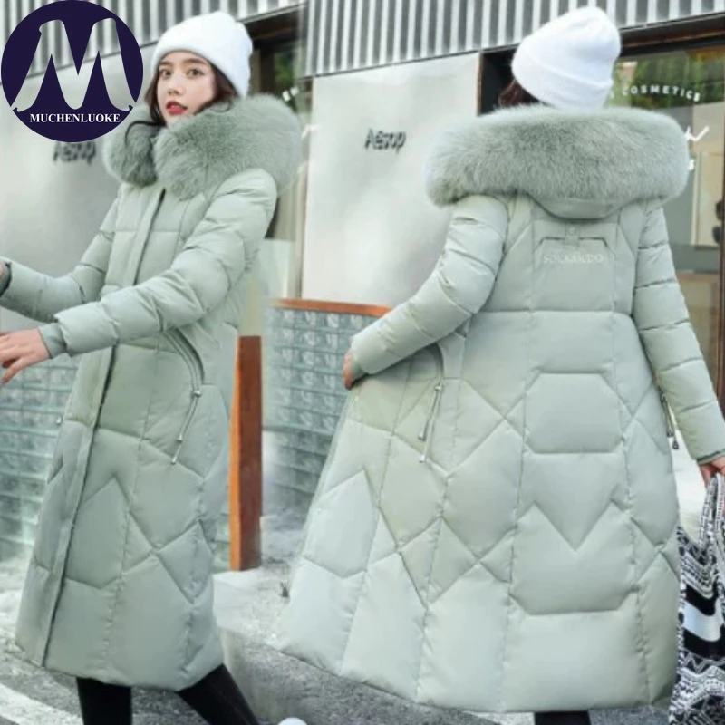 เสื้อแจ็คเก็ตดาวน์ฤดูหนาวสำหรับผู้หญิง ดีไซน์หรูหรา มีฮู้ด แต่งขนเฟอร์ หนา อุ่น ทรงเข้ารูป สไตล์เกาหลี ความยาวปานกลาง
