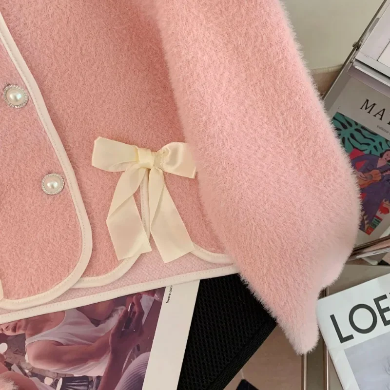 Elegant Sweater Coat Women Imitation Mink Fleece Knitted Cardigan Korean Sweet Bow Sweater Long Sleeve Autumn Winter Cardigans