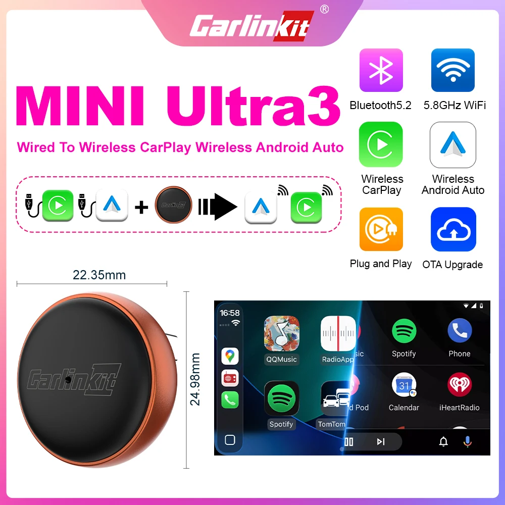 CarlinKit 5.0 Mini Ultra 3 Wireless CarPlay Adapter Wired To Wireless Android Auto Box USB Dongle BT WiFi Seamless Connection