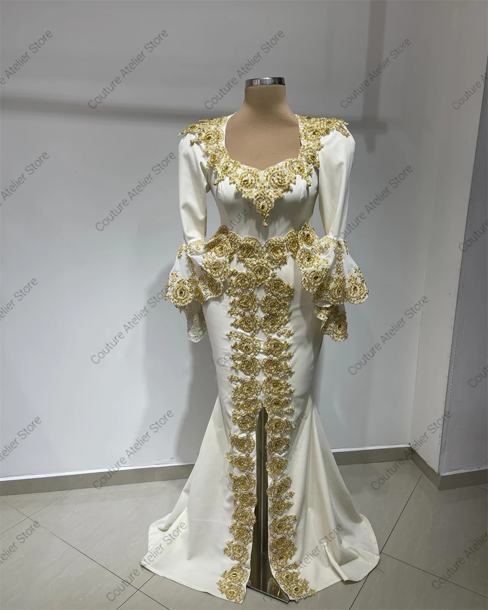 Fantastyczne białe suknie wieczorowe Kaftan złote koraliki aplikacje rozcięcie długie rękawy syrenka dubaj suknia wieczorowa dla kobiety 2025 Maroko
