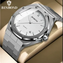 BINBONG B0233 Fashion Casual Men Watches Big Dial Silver Stainless Steel Calendar Quartz Wristwatch Classic Top Brand Male Clock