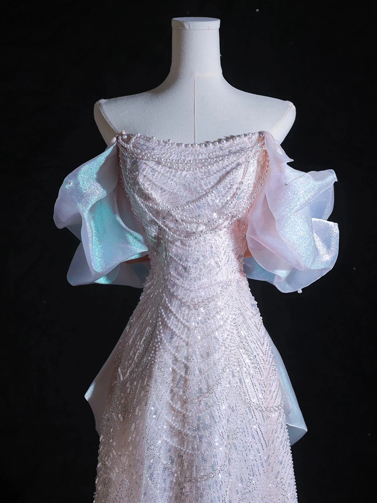 Ele rosa casamento dr com oulder arcos bordado pesado aduação desempenho vestido de baile noite saia longa