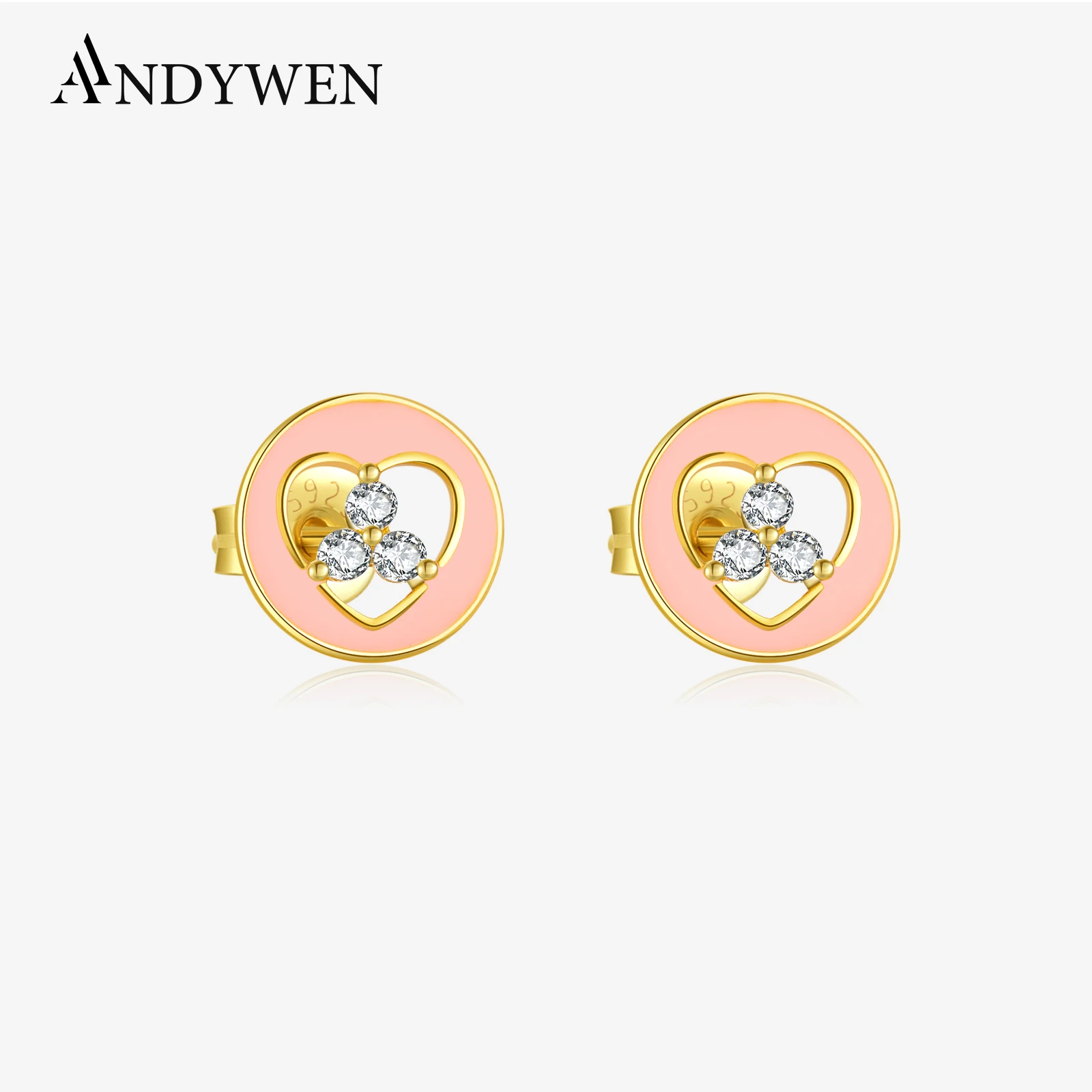 ANDYWEN 925 Sterling Silver 8mm Pink Enamel Zircon CZ Heart Three Love Life Stud Earring Women 2024 Fine Trendy Wedding Jewelry