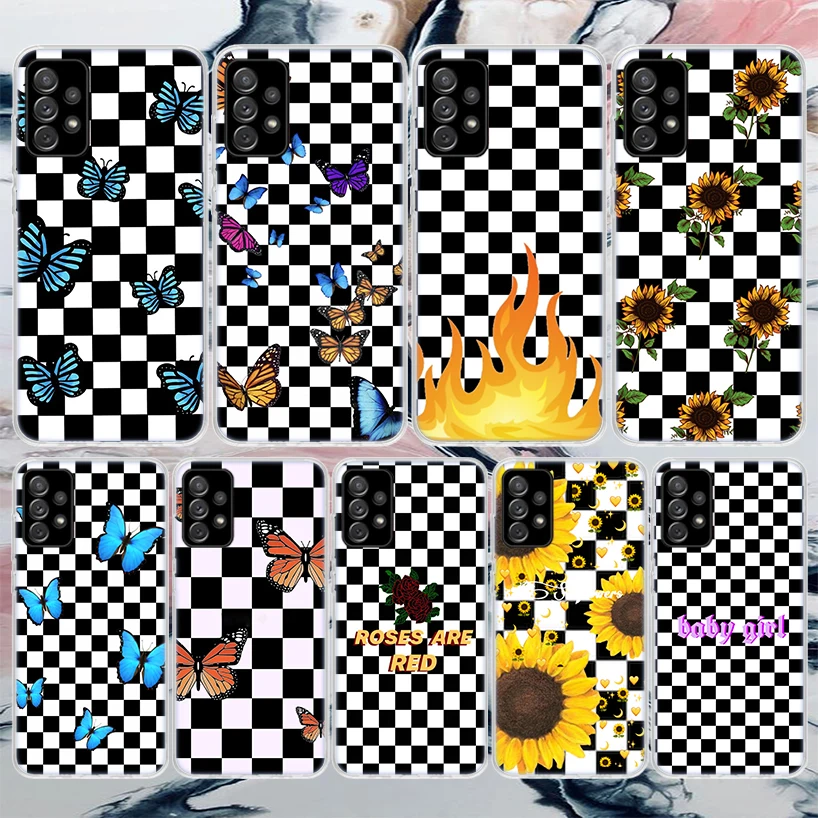 Checkered Sunflowers Butterfly Soft Phone Case For Samsung Galaxy A14 A13 A12 A15 A54 A53 A52 A55 A34 A33 A32 A35 A24 A23 A22 A2