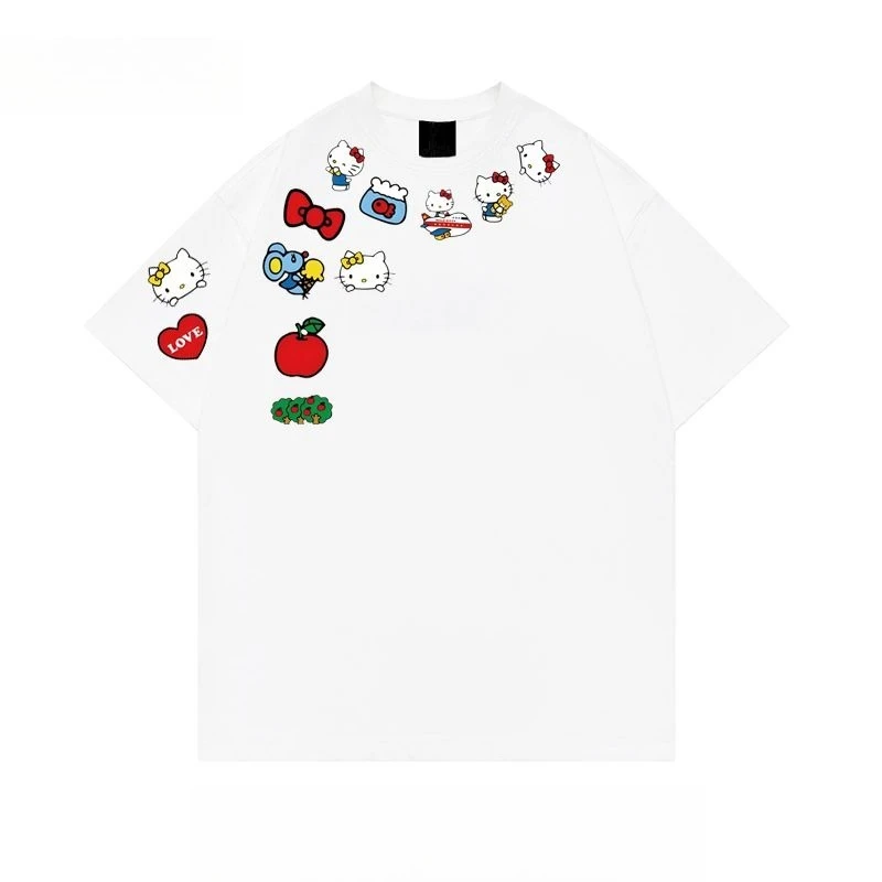 تي شيرت هالو كيتي كبير الحجم مطبوع عليه تنفس بأكمام قصيرة تي شيرت إبداعي سانريو صيفي جديد للرجال والنساء للأزواج هدية علوية متعددة الاستخدامات