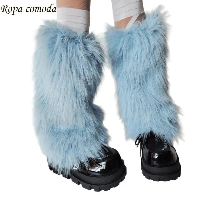 

MXMA Plush Furry Leg Warmers for Women Cozy Winter Boot Toppers Thermal Warm Blue Fuzzy Foot Covers Footless Socks Gaiters
