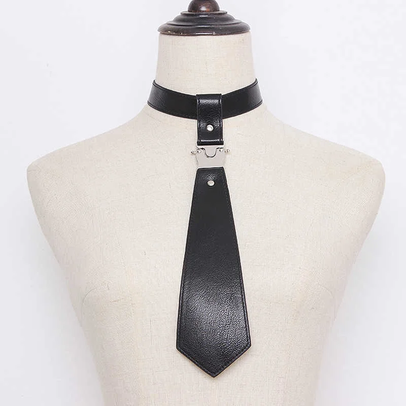 

Pu Leather Black Metal Split Joint Cool Neck Tie Personality Women New Fashion Tide All-match Spring Autumn 2022