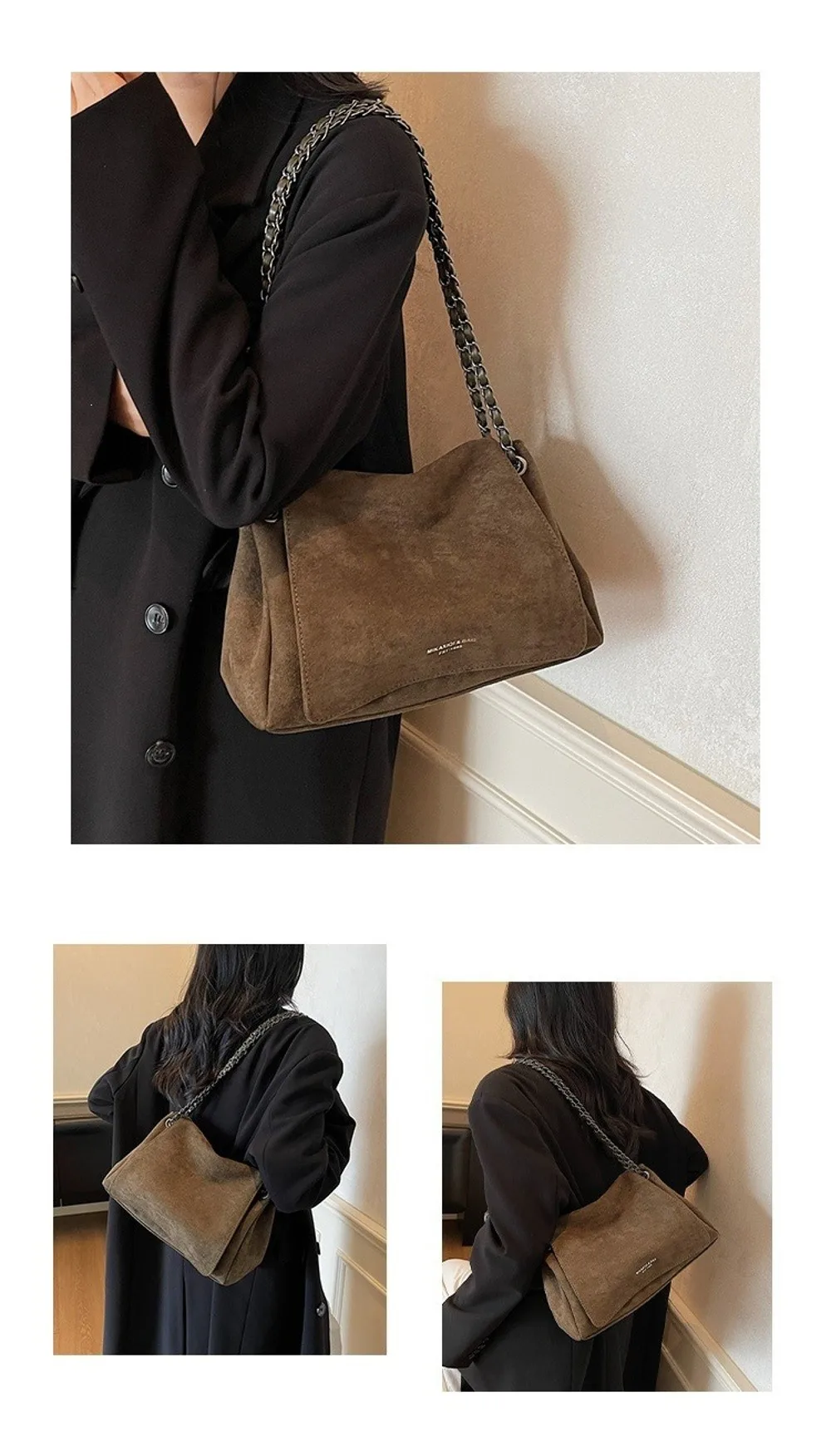 Elegante Retro Damen Schultertasche aus Wildleder, Große Kapazität, Handtasche, Umhängetasche, Einfarbig, Ketten-Unterarmtasche, Herbst Winter – Detail 3