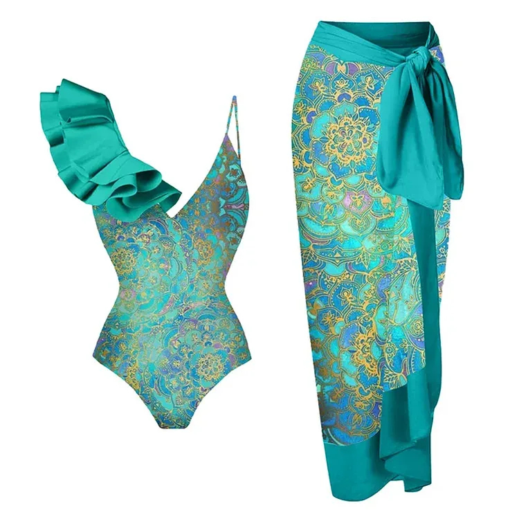 One Piece Swimsuit For Women European And American One-piece Swimsuit Women's Lotus Leaf Edge Ethnic Style Printed One-piece Swi