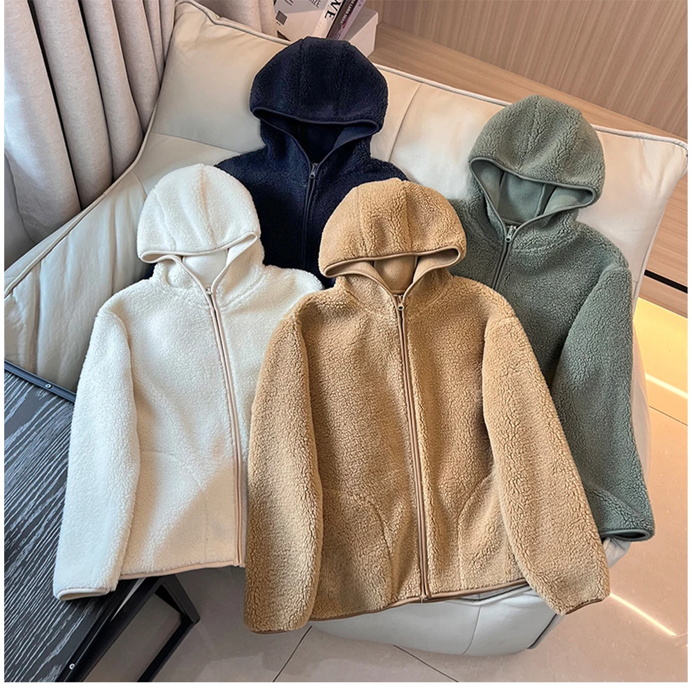 

2025 autumn and winter casual versatile long fur fleece hooded fleece short cardigan jacket lamb fleece top