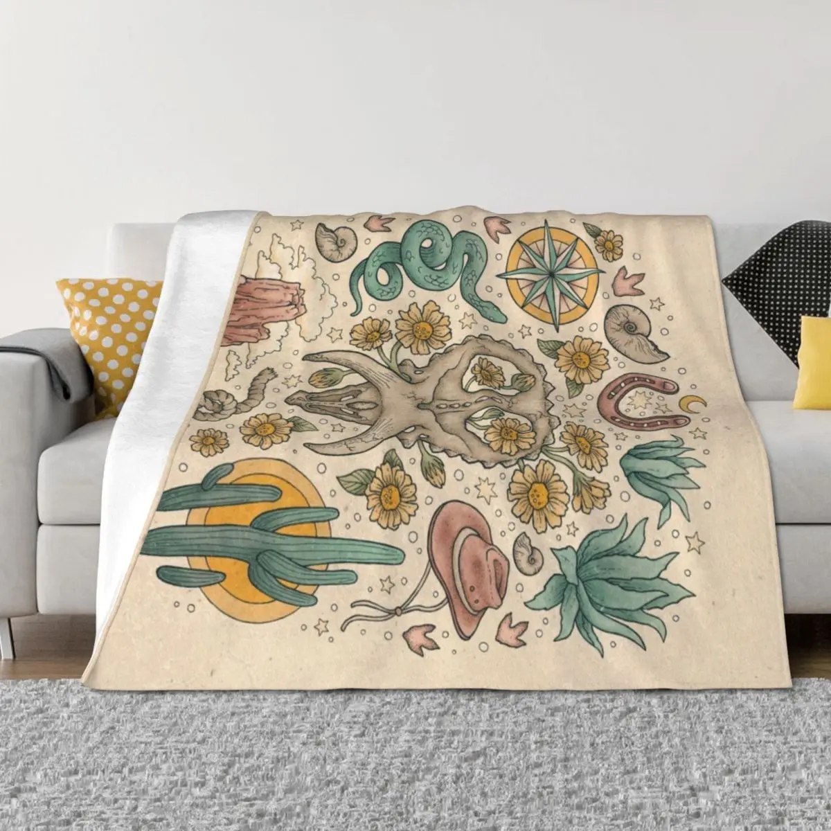 

The Desert Sunflowers | Dinosaur Southwest Adventure Art | Natural History Explorer Throw Blanket Flannel Winter beds Blankets